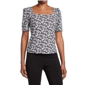 Melloday Black White Floral Print Square Neck Puff Sleeve Top Women’s Size 1X
